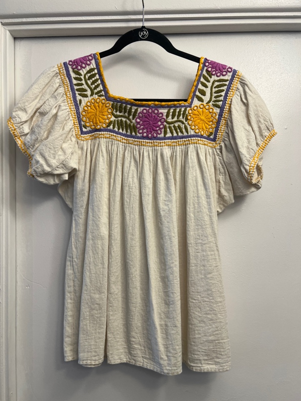 Embroidered Square Neck Mexican Huipil Peasant Blouse Size Large